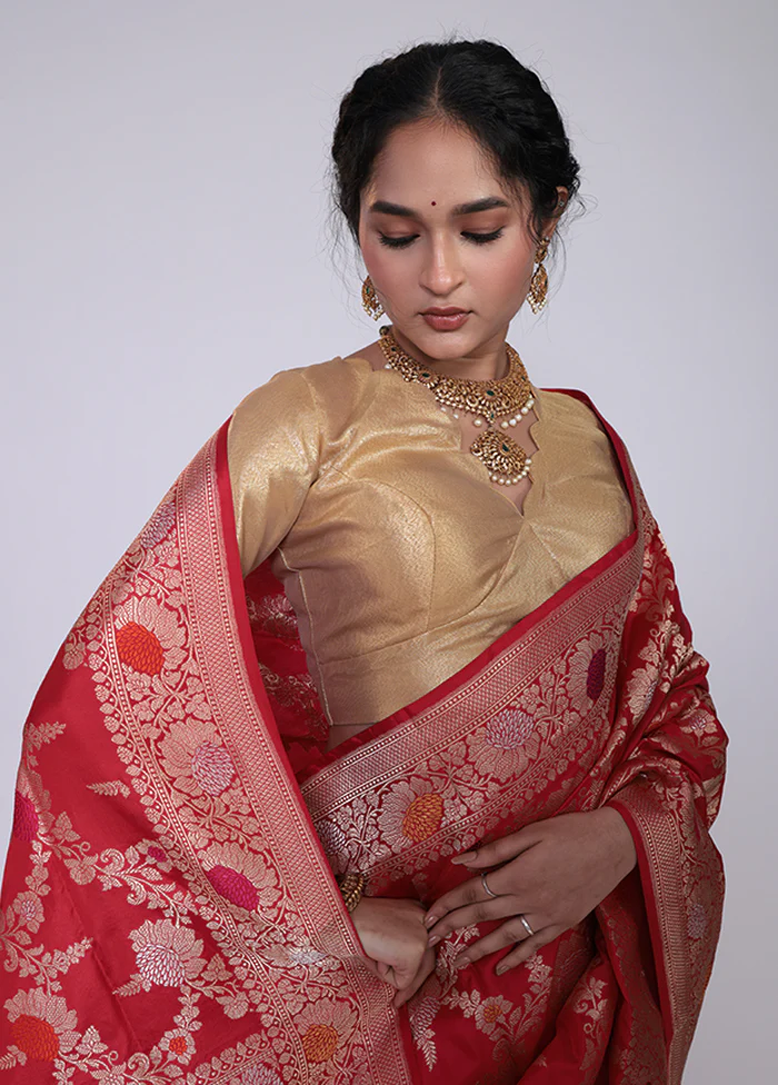 Red Handloom Katan Pure Silk Saree With Blouse Piece - Image 2