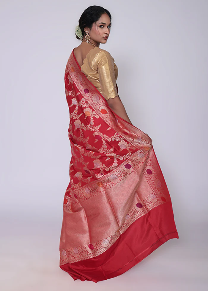 Red Handloom Katan Pure Silk Saree With Blouse Piece - Image 3