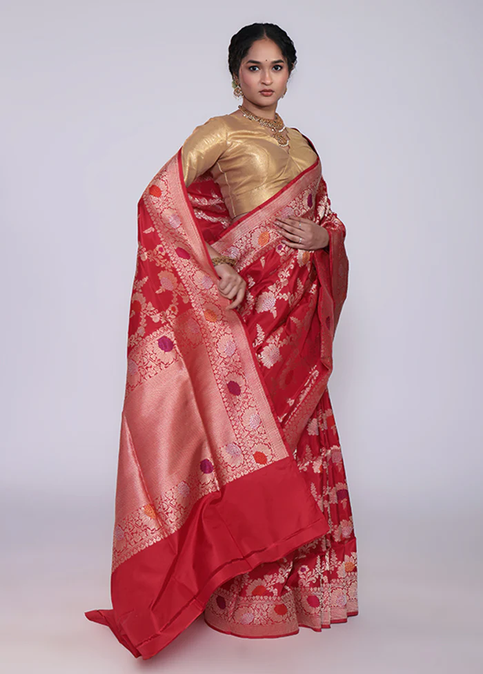 Red Handloom Katan Pure Silk Saree With Blouse Piece - Image 4