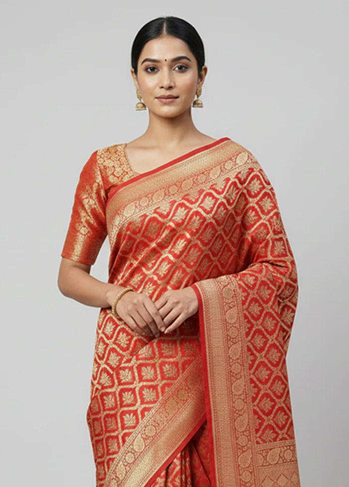 Red Handloom Katan Pure Silk Saree With Blouse Piece - Image 2