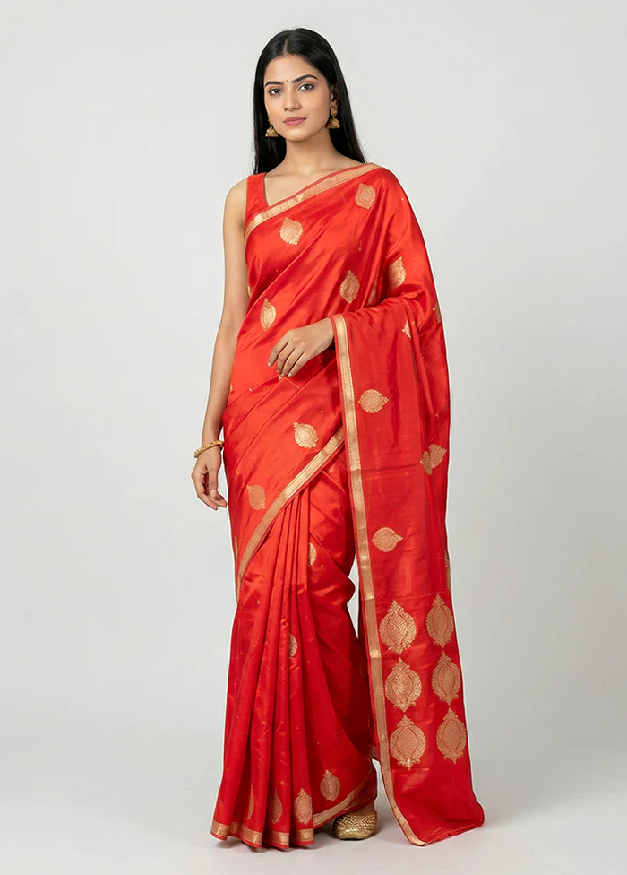 Red Handloom Katan Pure Silk Saree With Blouse Piece