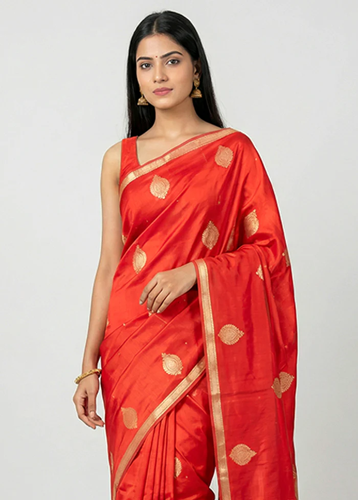 Red Handloom Katan Pure Silk Saree With Blouse Piece - Image 2