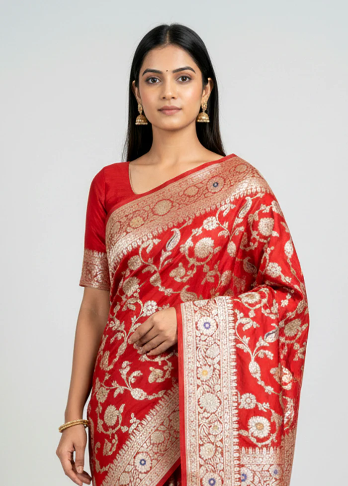 Red Handloom Katan Pure Silk Saree With Blouse Piece - Image 2