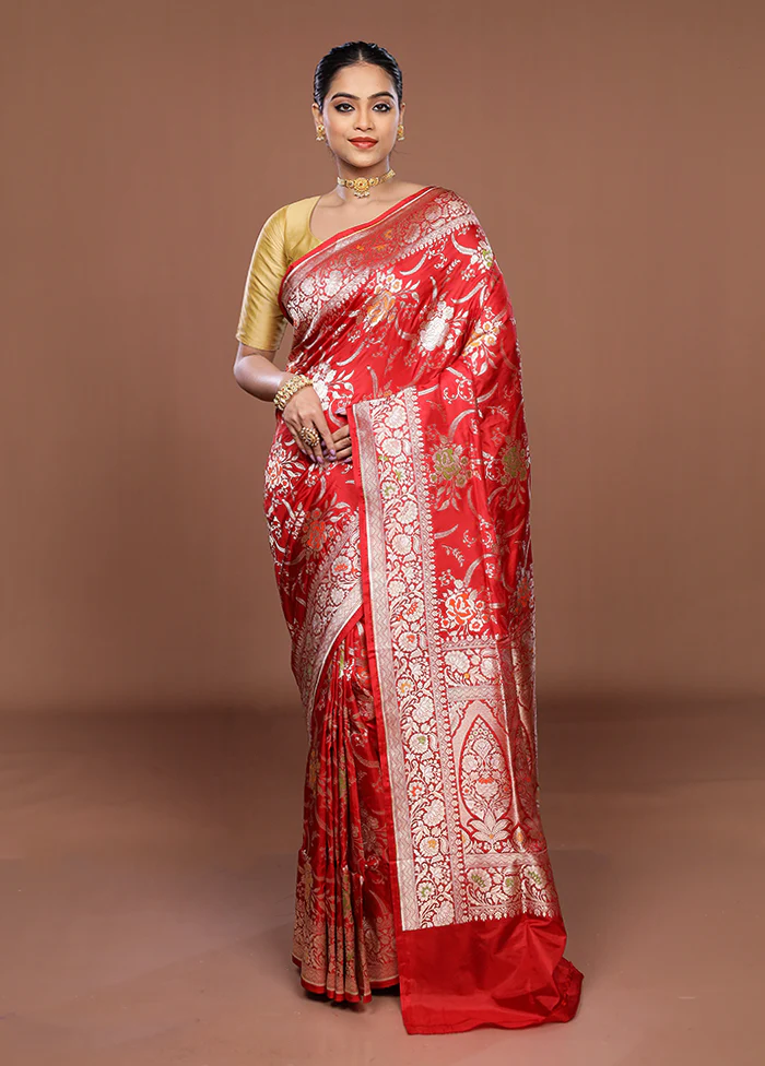 Red Handloom Katan Pure Silk Saree With Blouse Piece - Image 2
