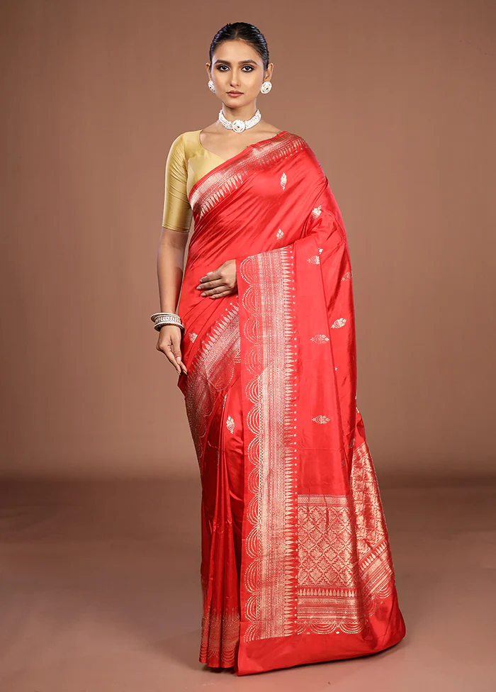 Red Handloom Katan Pure Silk Saree With Blouse Piece - Image 2