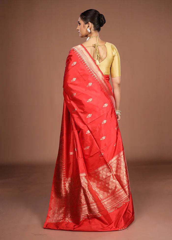 Red Handloom Katan Pure Silk Saree With Blouse Piece - Image 3