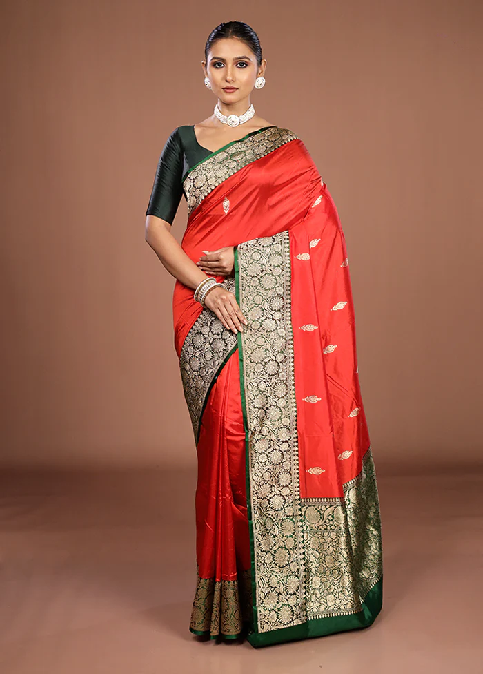 Red Handloom Katan Pure Silk Saree With Blouse Piece - Image 2