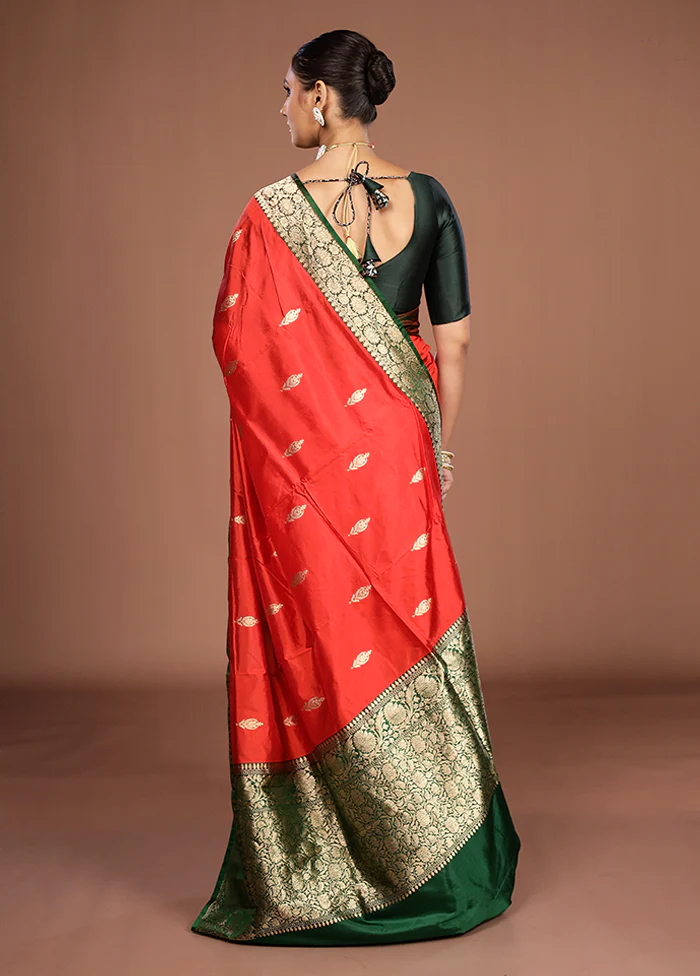 Red Handloom Katan Pure Silk Saree With Blouse Piece - Image 3