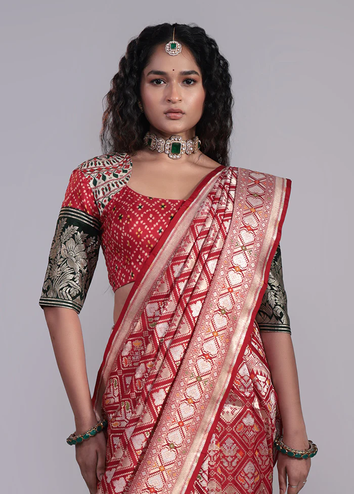 Red Handloom Katan Pure Silk Saree With Blouse Piece - Image 2