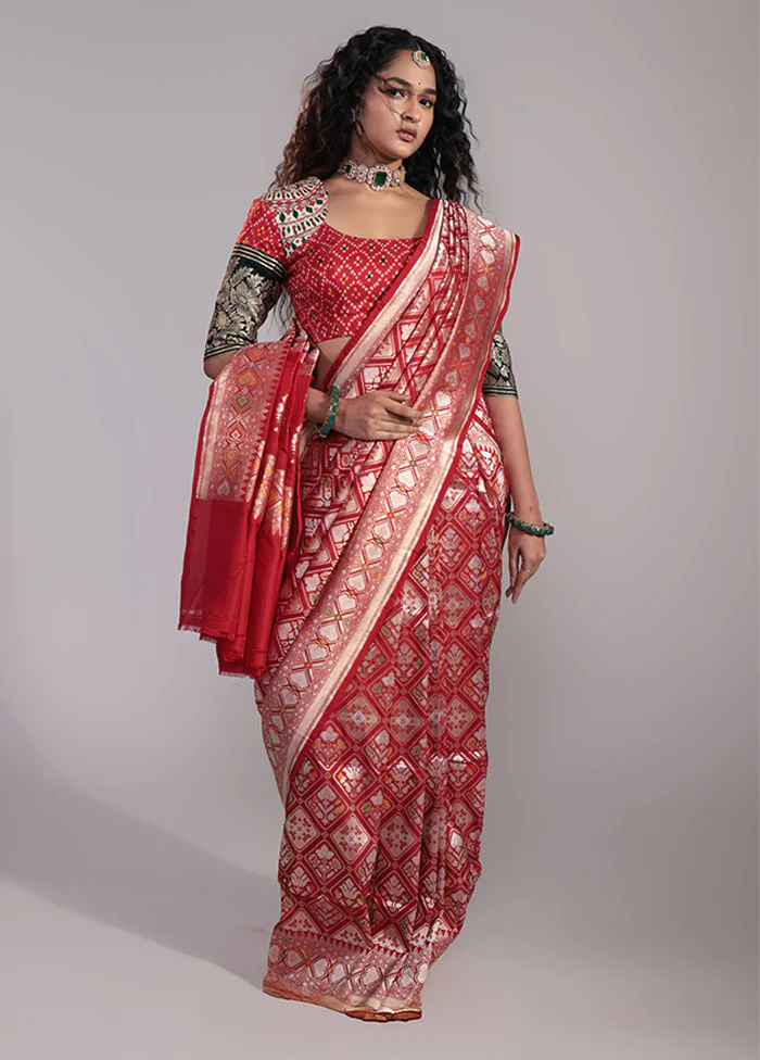 Red Handloom Katan Pure Silk Saree With Blouse Piece - Image 4