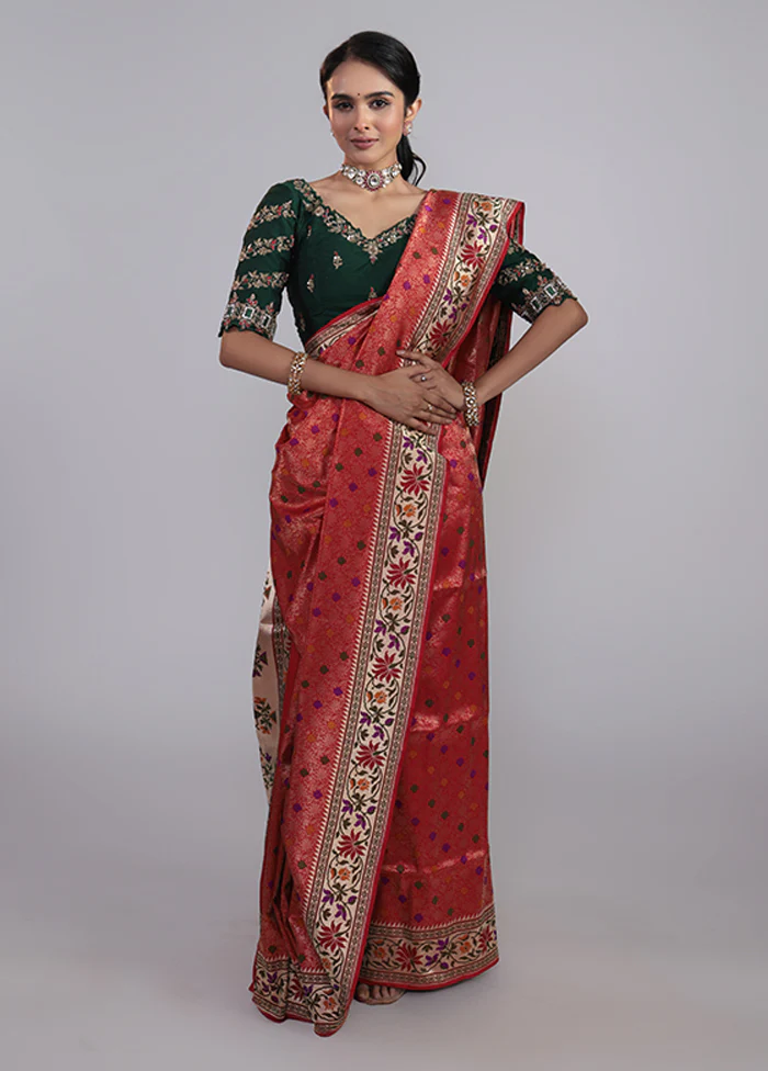Red Handloom Katan Pure Silk Saree With Blouse Piece