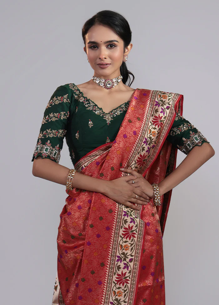 Red Handloom Katan Pure Silk Saree With Blouse Piece - Image 2