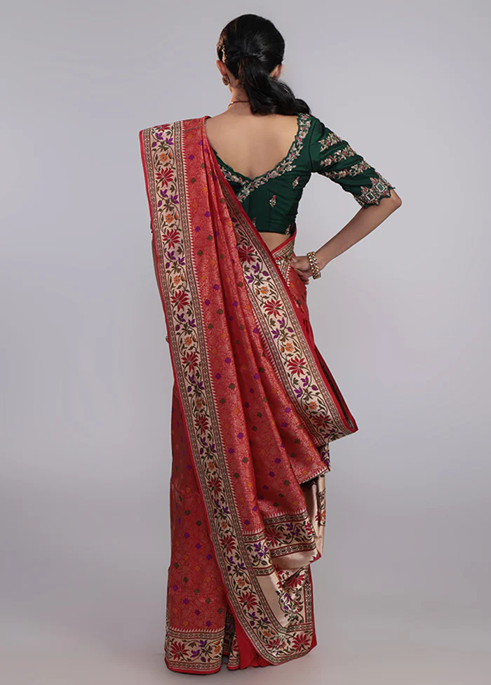 Red Handloom Katan Pure Silk Saree With Blouse Piece - Image 3