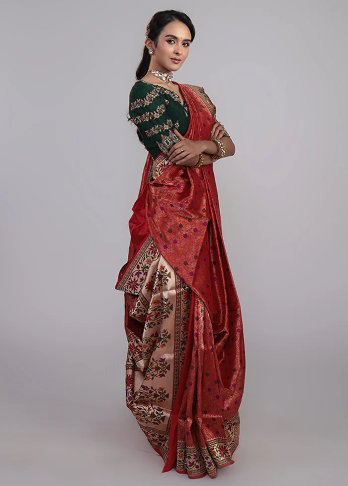 Red Handloom Katan Pure Silk Saree With Blouse Piece - Image 4