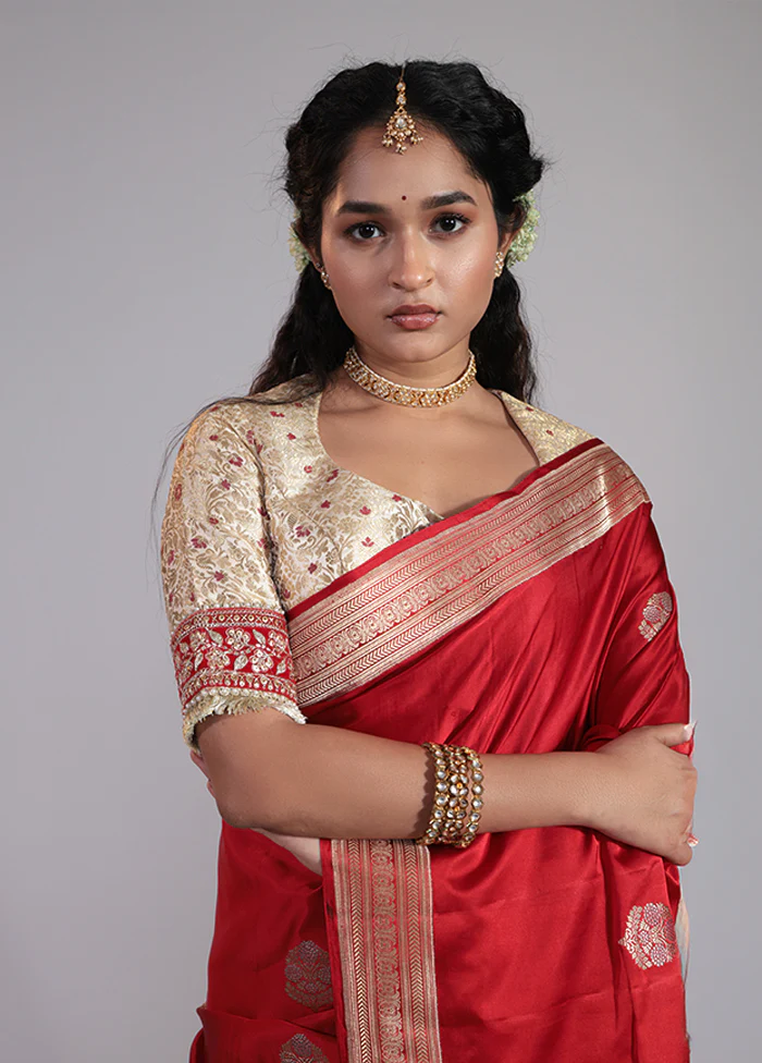 Red Handloom Katan Pure Silk Saree With Blouse Piece - Image 2