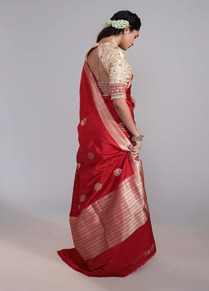 Red Handloom Katan Pure Silk Saree With Blouse Piece - Image 3