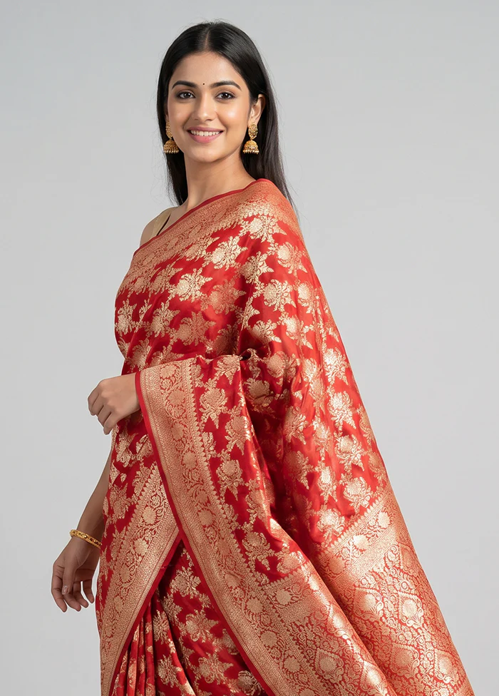 Red Handloom Katan Pure Silk Saree With Blouse Piece - Image 2