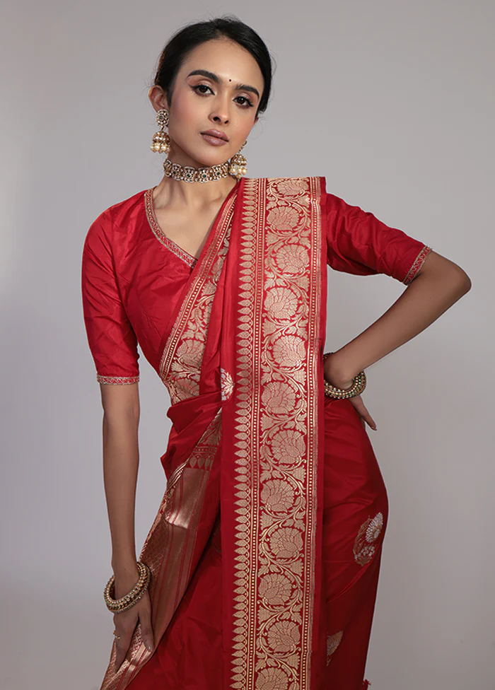 Red Handloom Katan Pure Silk Saree With Blouse Piece - Image 2