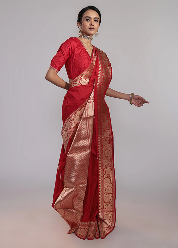 Red Handloom Katan Pure Silk Saree With Blouse Piece - Image 4