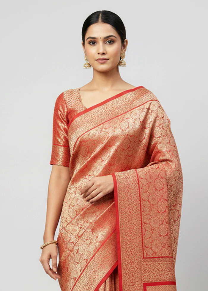 Red Handloom Katan Pure Silk Saree With Blouse Piece - Image 2