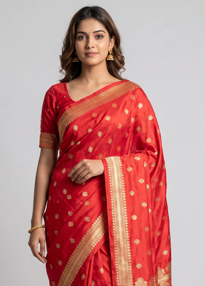 Red Handloom Katan Pure Silk Saree With Blouse Piece - Image 2