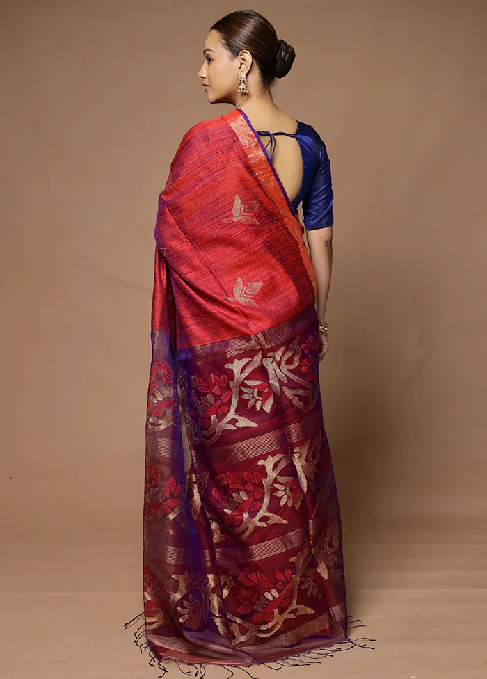 Red Handloom Matka Pure Silk Saree With Blouse Piece - Image 3