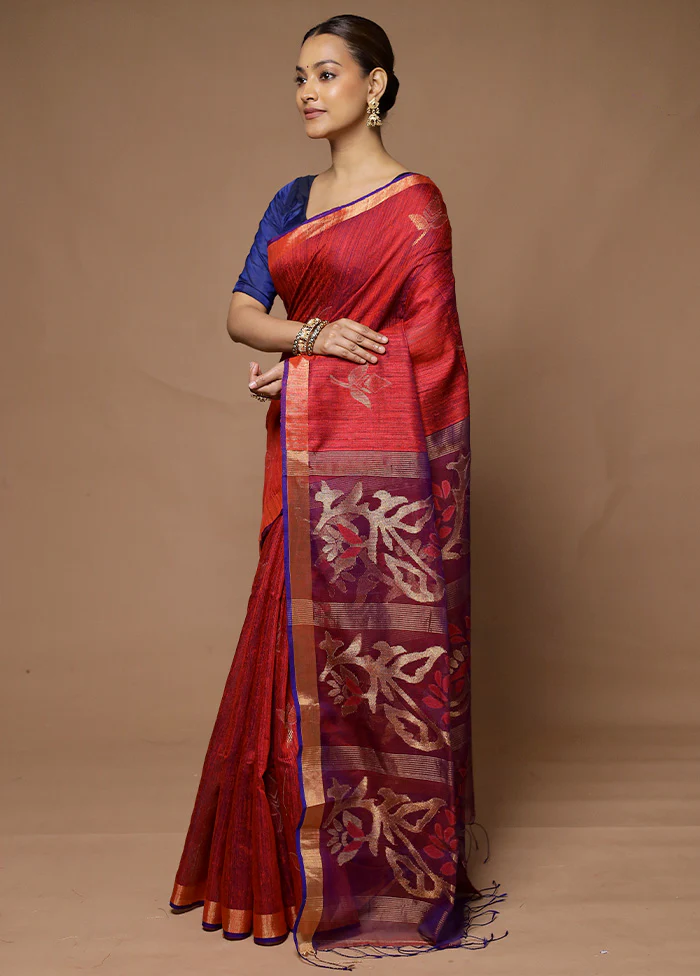 Red Handloom Matka Pure Silk Saree With Blouse Piece - Image 4