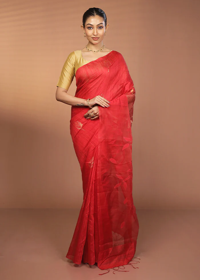 Red Handloom Matka Pure Silk Saree With Blouse Piece - Image 2