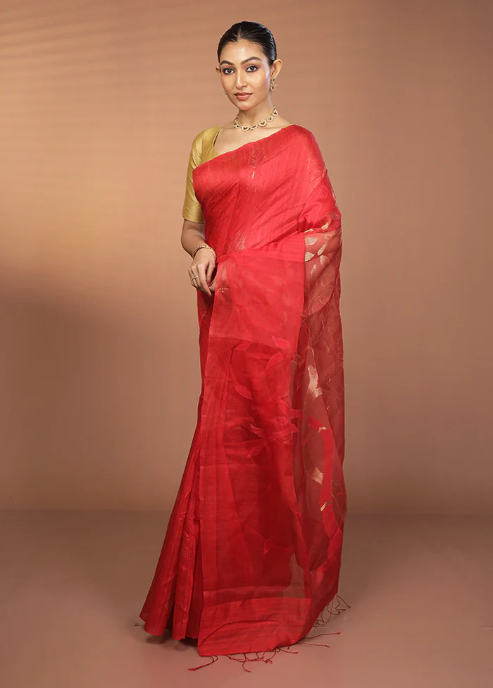 Red Handloom Matka Pure Silk Saree With Blouse Piece - Image 4