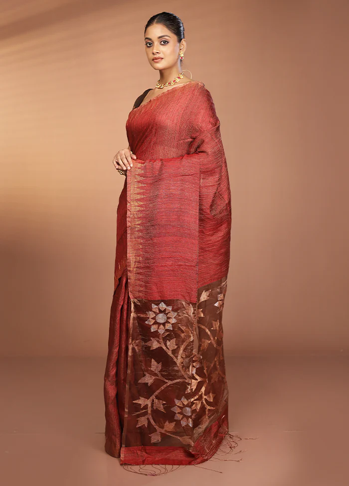 Red Handloom Matka Pure Silk Saree With Blouse Piece - Image 4