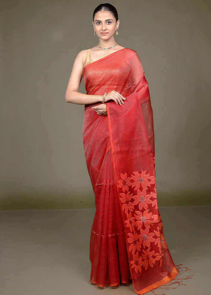 Red Handloom Matka Pure Silk Saree With Blouse Piece - Image 2