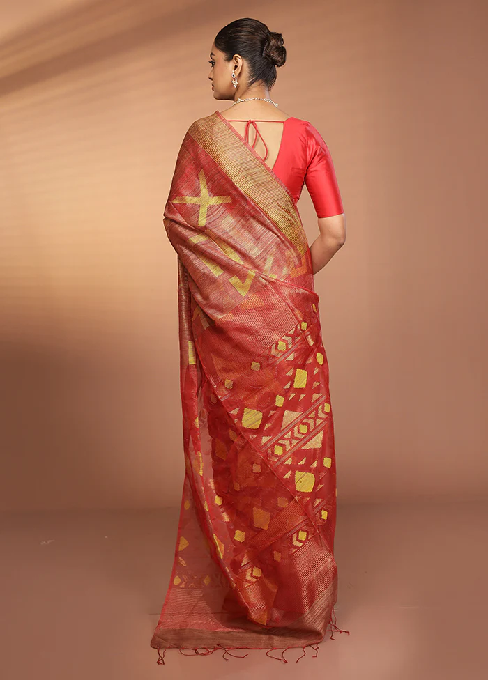 Red Handloom Matka Pure Silk Saree With Blouse Piece - Image 3
