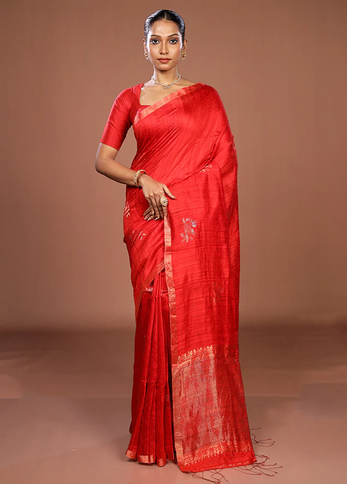Red Handloom Matka Pure Silk Saree With Blouse Piece - Image 2