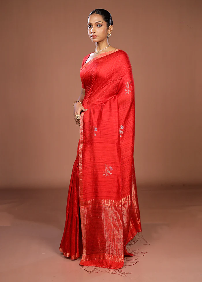 Red Handloom Matka Pure Silk Saree With Blouse Piece - Image 4