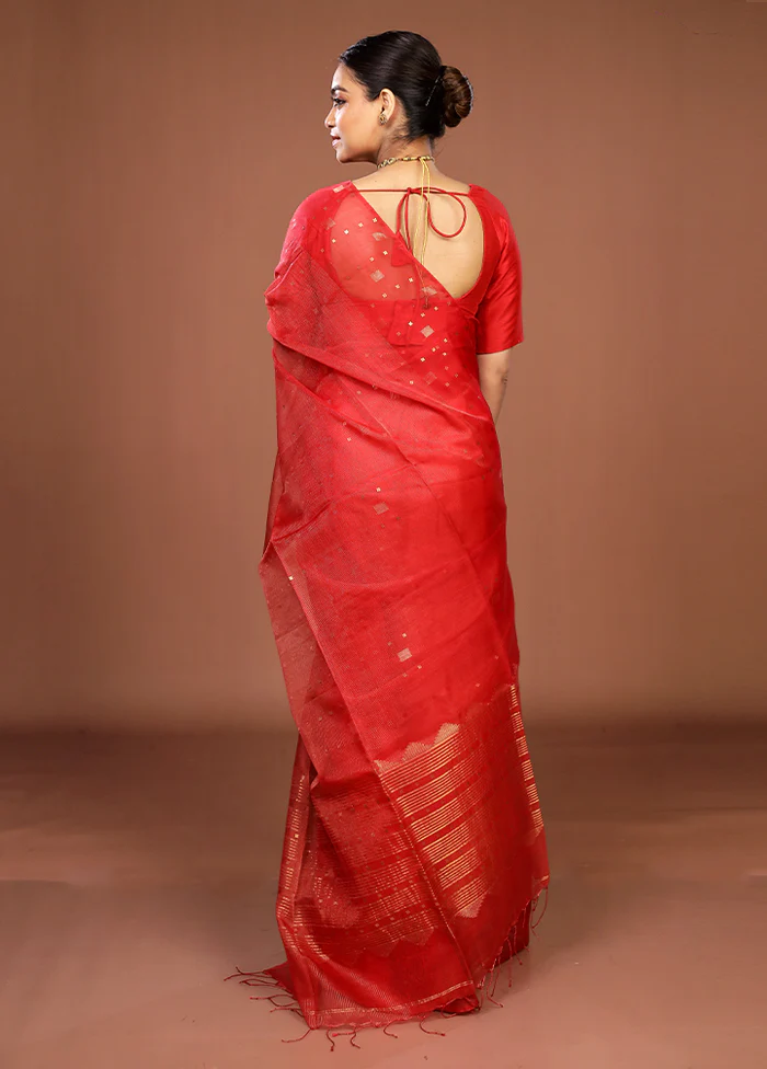 Red Handloom Matka Pure Silk Saree With Blouse Piece - Image 3
