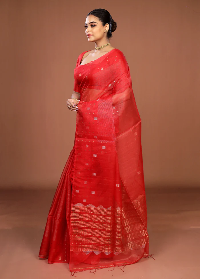 Red Handloom Matka Pure Silk Saree With Blouse Piece - Image 4