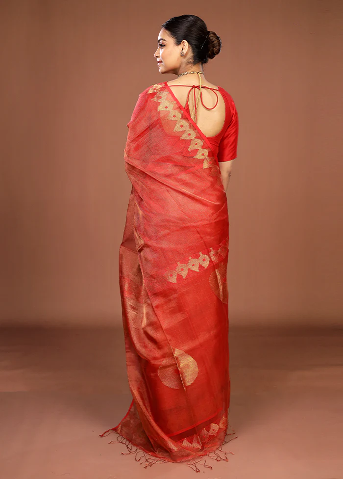 Red Handloom Matka Pure Silk Saree With Blouse Piece - Image 3