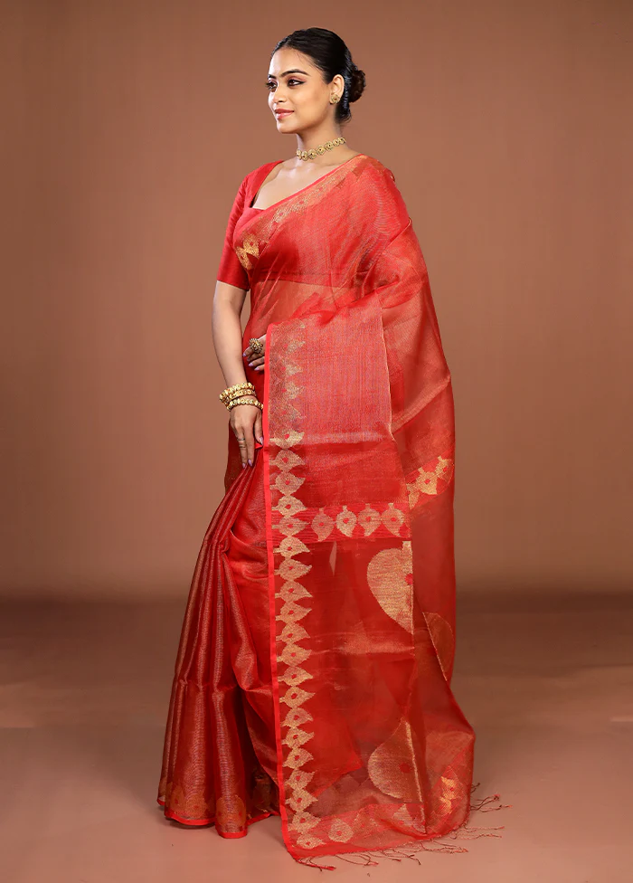 Red Handloom Matka Pure Silk Saree With Blouse Piece - Image 4