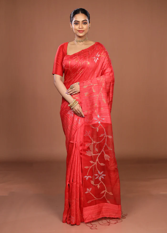 Red Handloom Matka Pure Silk Saree With Blouse Piece - Image 2