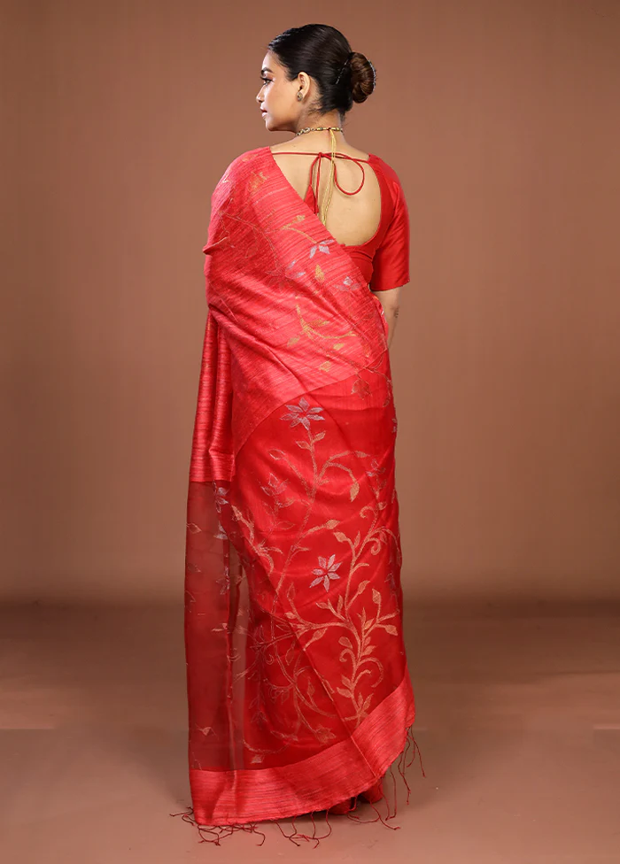 Red Handloom Matka Pure Silk Saree With Blouse Piece - Image 3
