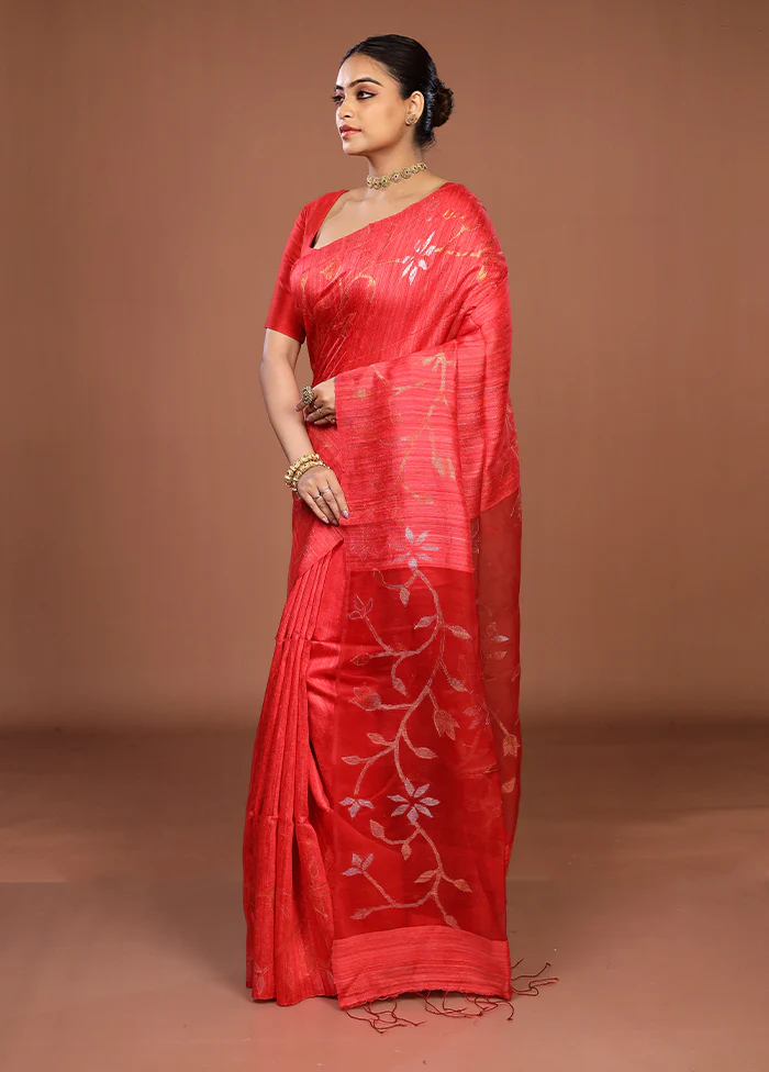 Red Handloom Matka Pure Silk Saree With Blouse Piece - Image 4