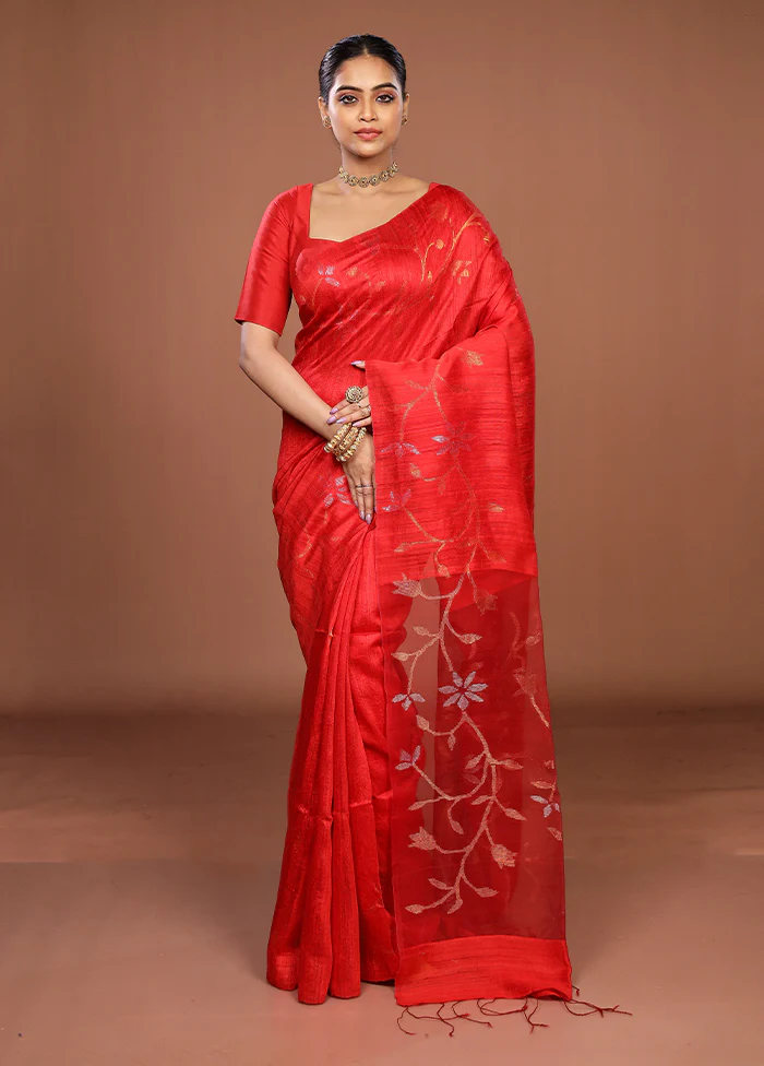Red Handloom Matka Pure Silk Saree With Blouse Piece - Image 2