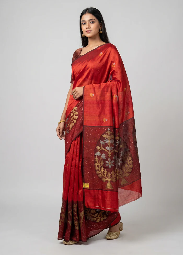 Red Handloom Matka Pure Silk Saree With Blouse Piece