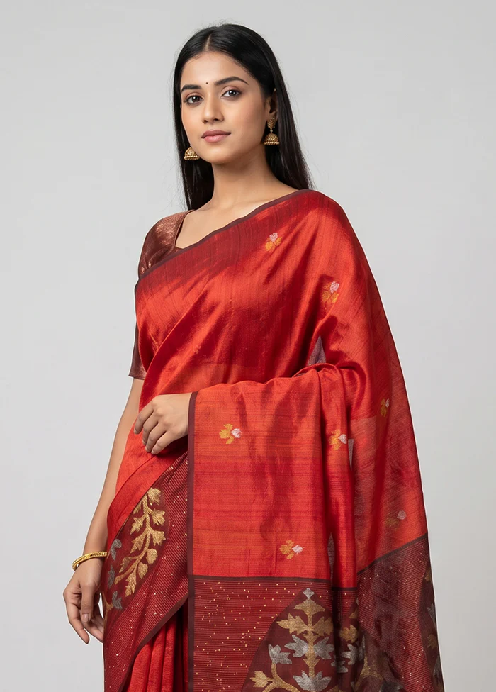 Red Handloom Matka Pure Silk Saree With Blouse Piece - Image 2