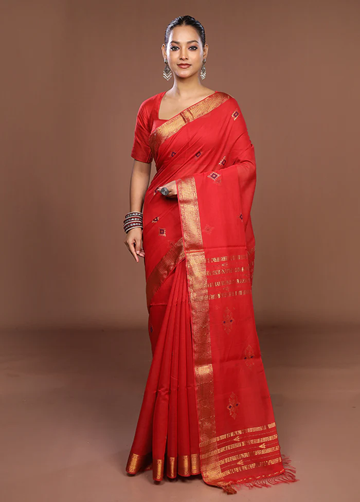 Red Handloom Matka Pure Silk Saree With Blouse Piece - Image 2