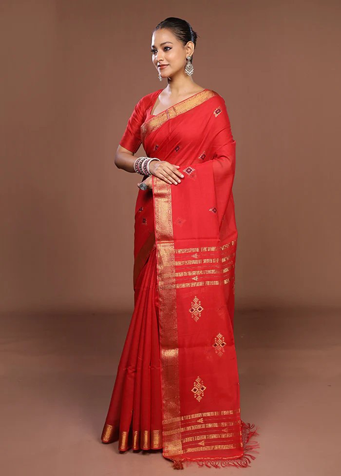 Red Handloom Matka Pure Silk Saree With Blouse Piece - Image 4