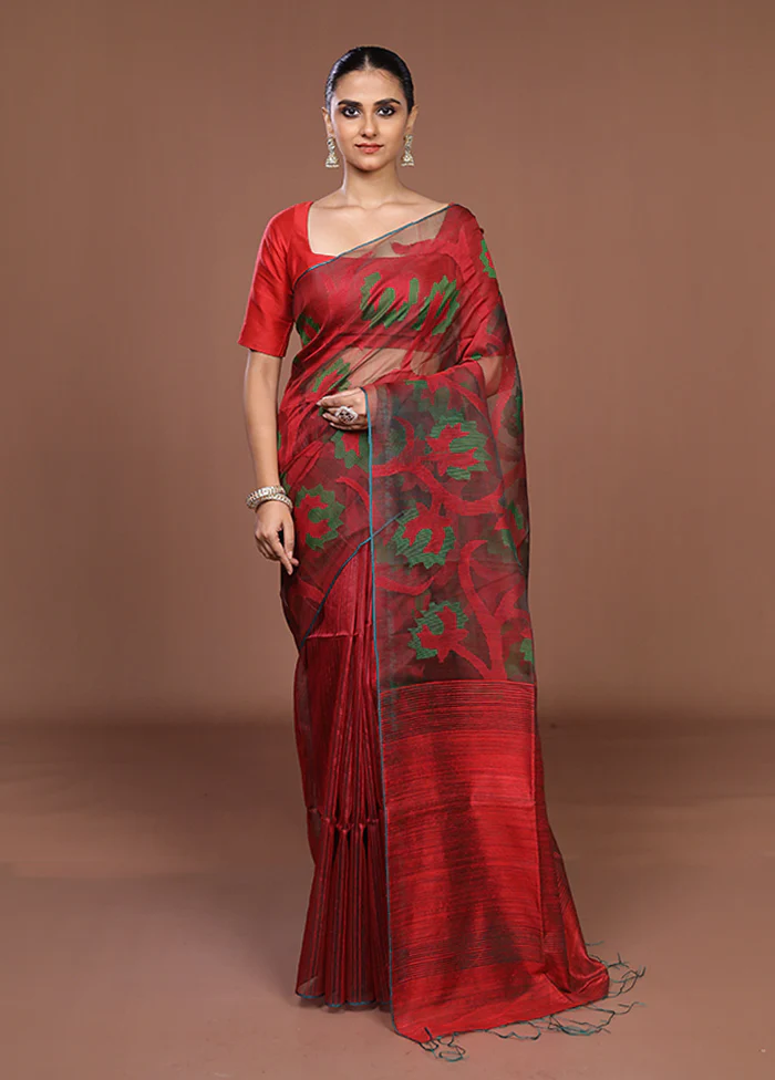 Red Handloom Matka Pure Silk Saree With Blouse Piece - Image 2