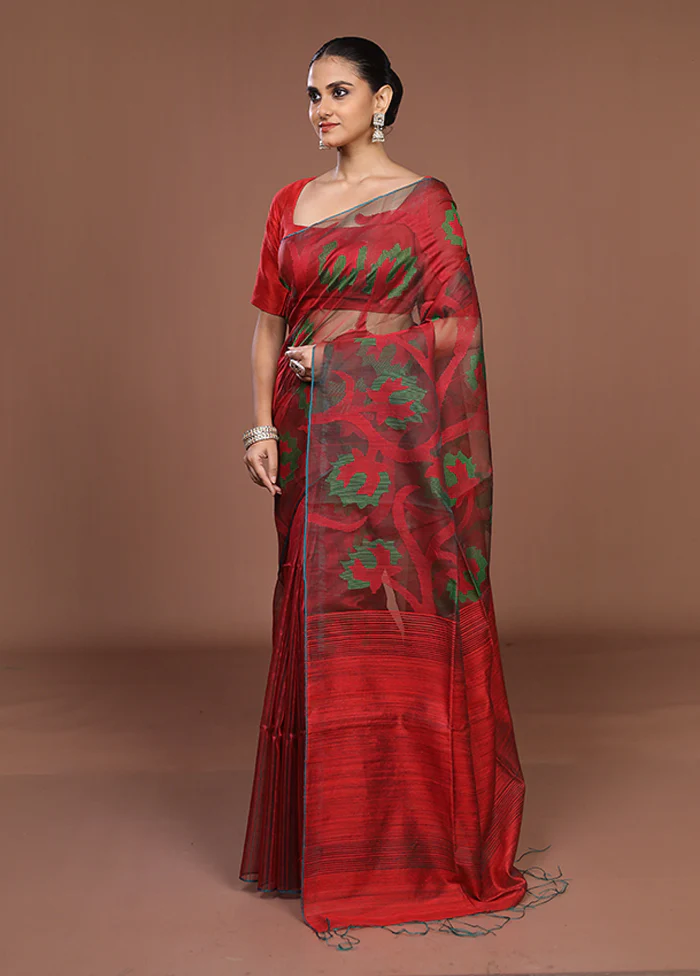 Red Handloom Matka Pure Silk Saree With Blouse Piece - Image 4