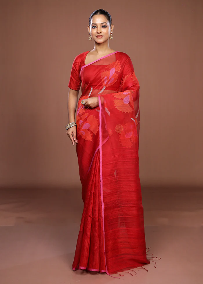 Red Handloom Matka Pure Silk Saree With Blouse Piece - Image 2