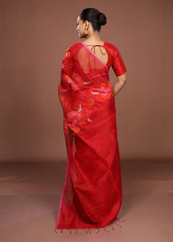 Red Handloom Matka Pure Silk Saree With Blouse Piece - Image 3